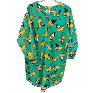 Vtg Looney Tunes Long Pajama Shirt Dress Daffy Duck 90s Green Flannel OS Nighty